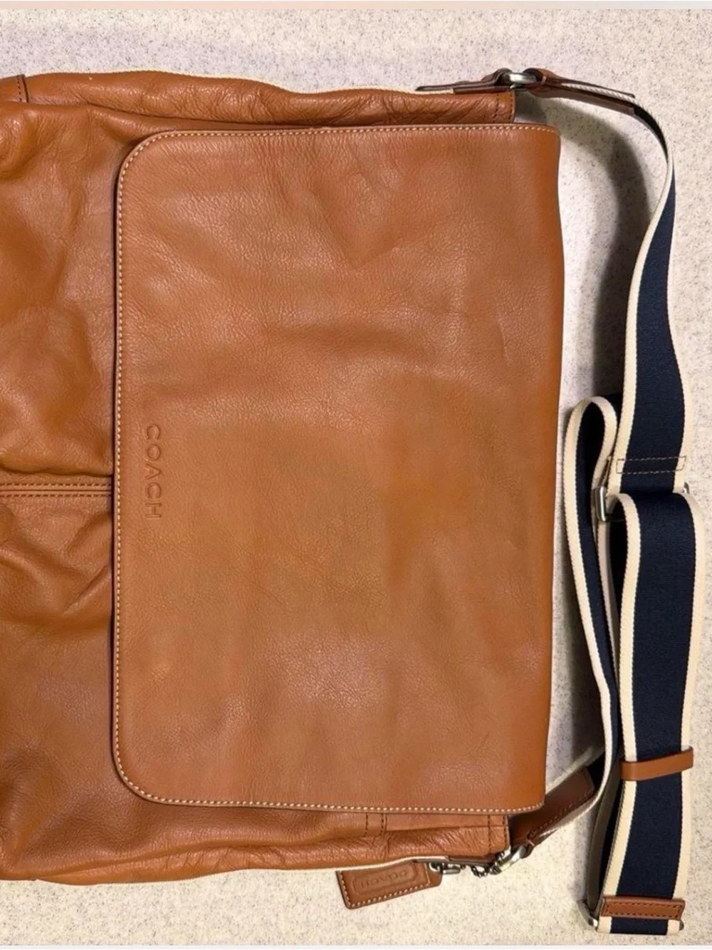 COACH Cognac Leather Messenger Bag with Navy-Striped Strap